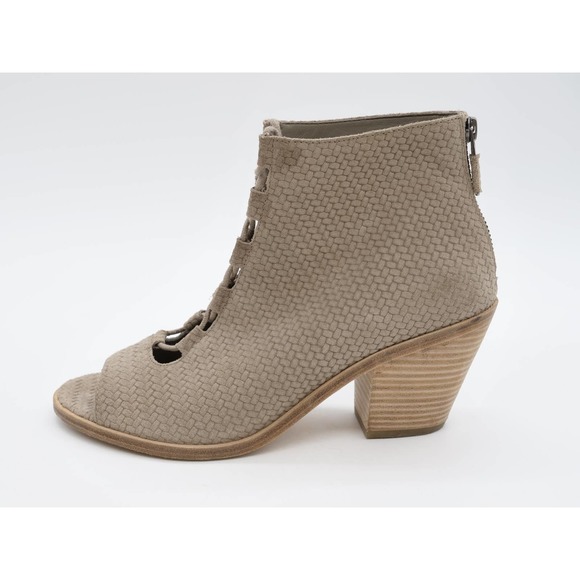 Eileen Fisher Booties Womens 8.5 Beige Suede Lace Up Peep Toe Cuban Ankle Boot - Picture 2 of 11